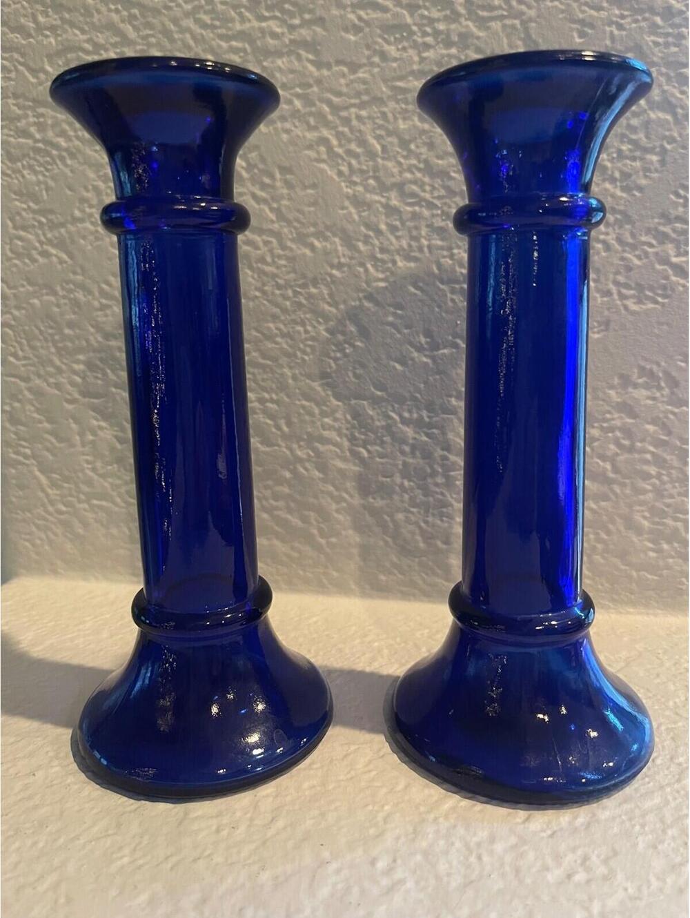 VINTAGE-STUNNING PAIR 7.5" COBALT BLUE PILLAR CANDLESTICKS ~ TAIWAN